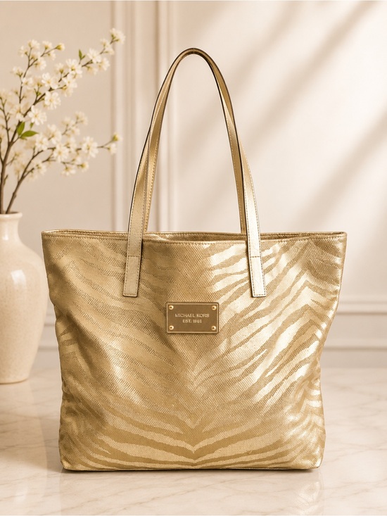 Michael Kors Handbags - Michael Kors Metallic Gold Zebra Print Tote Shoulder Bag Large Purse